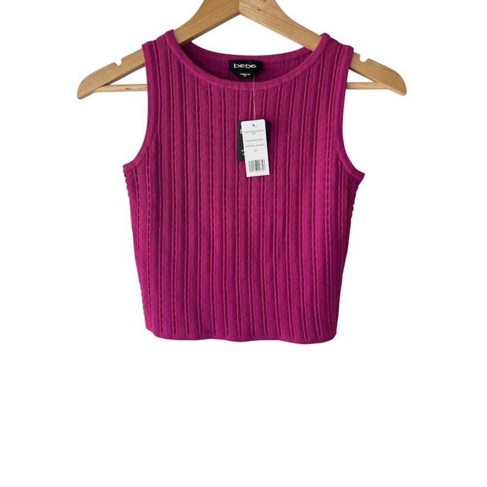 Bebe Cass Sleeveless Top Festival Fuchsia Pink Ribbed Knit Crop Tank Womens XS